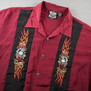Y2K Hard Chrome Gear Skull Flame Embroidered Bowling Button Up Shirt Mens XXXL